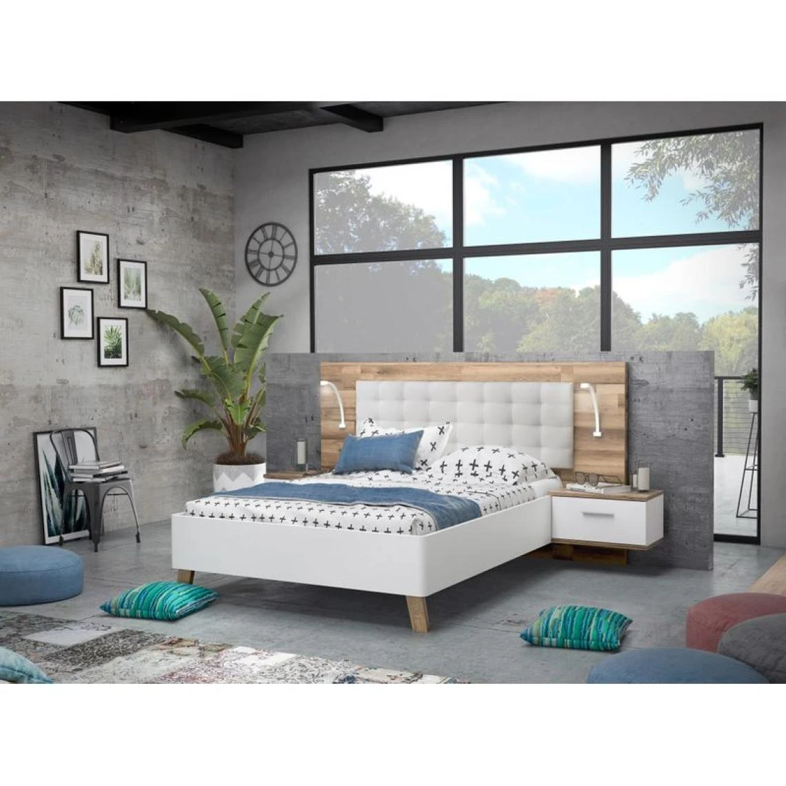 BUT Lit 140x190cm Chevets Intégrés RICCIANO Imitation Chêne Et Blanc 2 BUT Lit 140x190cm Chevets Intégrés RICCIANO Imitation Chêne Et Blanc – Image 2