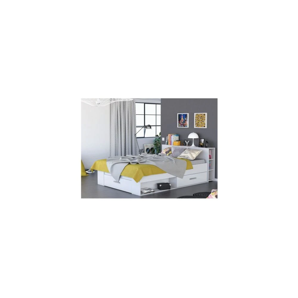 Vente-unique Lit LEONIS Avec Rangements Et Tiroirs - 160x200cm - Blanc 1 Vente-unique Lit LEONIS Avec Rangements Et Tiroirs - 160x200cm - Blanc